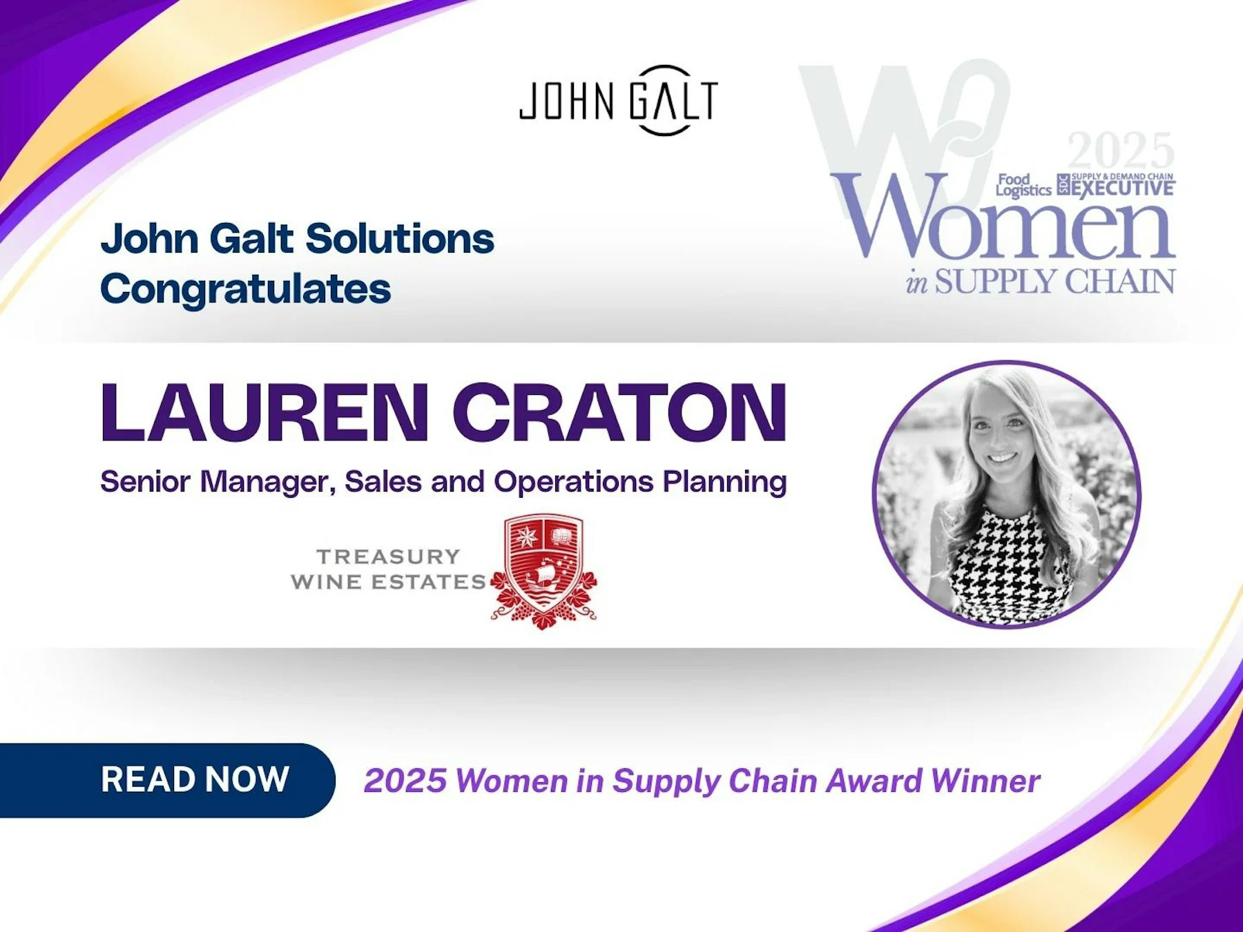 John Galt Solutions Congratulates Treasury Wine Estates’ Lauren Craton, a 2025 Women in Supply Chain Award Winner Header